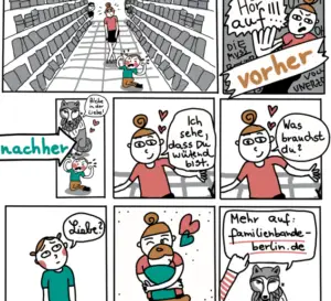 Ein mehrteiliger Comic-Strip zum Thema pädagogische Konfliktlösung, unterteilt in die Phasen „vorher“ und „nachher“. Die Illustrationen sind in einem einfachen, handgezeichneten Stil gehalten.