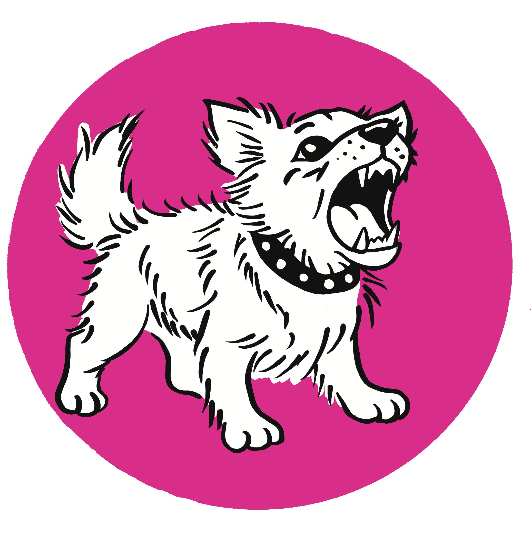 Die Grafik zeigt einen kleinen Hund im Profil, der den Kopf hebt und mit offenem Maul bellt. Der Stil ist ebenfalls schlicht und grafisch in Schwarz-Weiß gehalten.