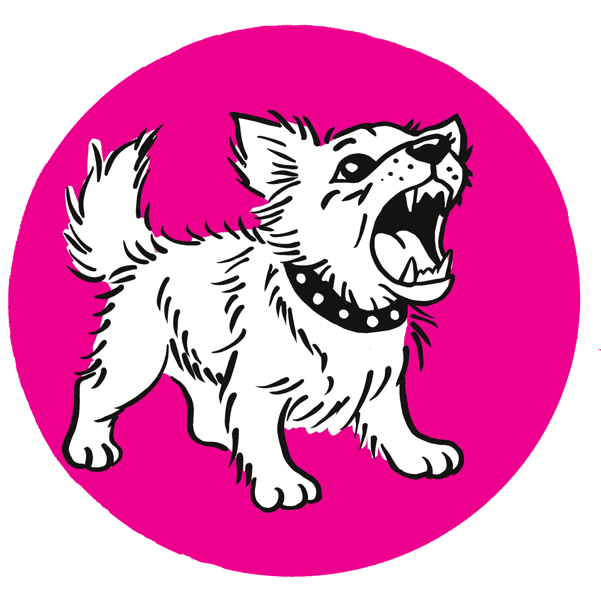 Die Grafik zeigt einen kleinen Hund im Profil, der den Kopf hebt und mit offenem Maul bellt. Der Stil ist ebenfalls schlicht und grafisch in Schwarz-Weiß gehalten.