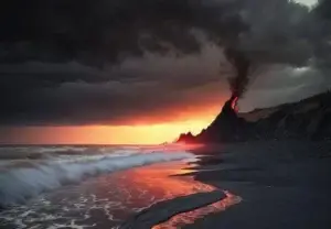 Eine dramatische Landschaftsaufnahme eines schwarzen Sandstrandes bei Sonnenuntergang. Im Hintergrund bricht ein Vulkan aus, dessen glühende Lava als roter Streifen am Hang sichtbar ist und eine dunkle Rauchwolke in den bewölkten, stürmischen Himmel schickt. Das warme Licht des Sonnenuntergangs am Horizont kontrastiert mit den tiefdunklen Wolken und spiegelt sich im nassen Sand und in den herannahenden Wellen des Meeres wider. Die Atmosphäre ist majestätisch und zugleich bedrohlich.