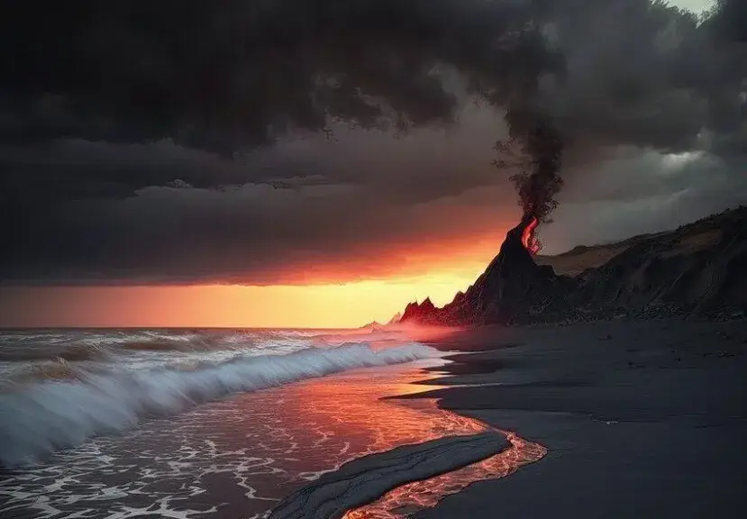 Eine dramatische Landschaftsaufnahme eines schwarzen Sandstrandes bei Sonnenuntergang. Im Hintergrund bricht ein Vulkan aus, dessen glühende Lava als roter Streifen am Hang sichtbar ist und eine dunkle Rauchwolke in den bewölkten, stürmischen Himmel schickt. Das warme Licht des Sonnenuntergangs am Horizont kontrastiert mit den tiefdunklen Wolken und spiegelt sich im nassen Sand und in den herannahenden Wellen des Meeres wider. Die Atmosphäre ist majestätisch und zugleich bedrohlich.